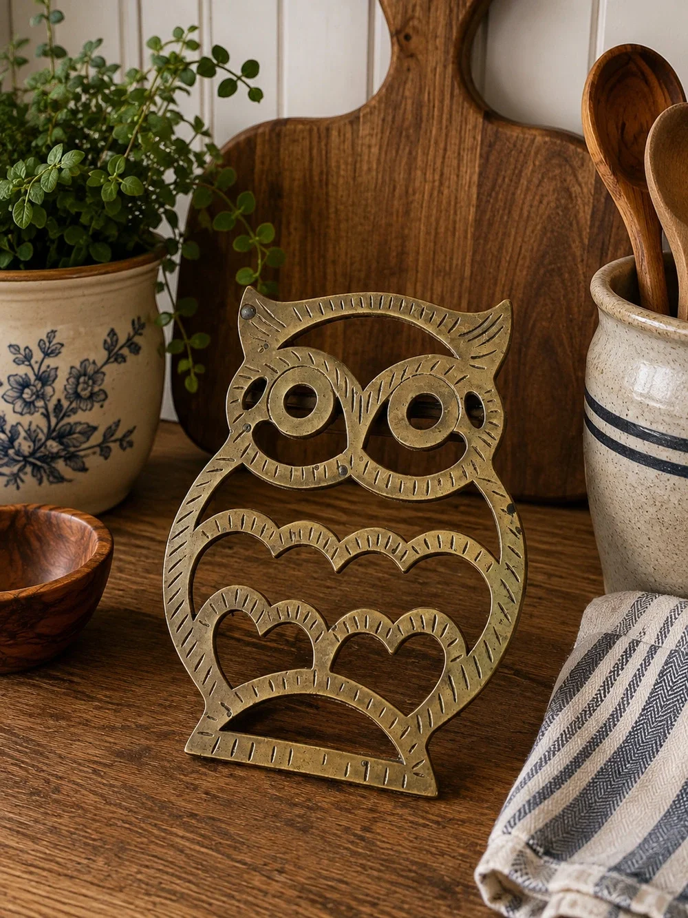 Vintage MCM Solid Brass Owl Trivet Heavy 8